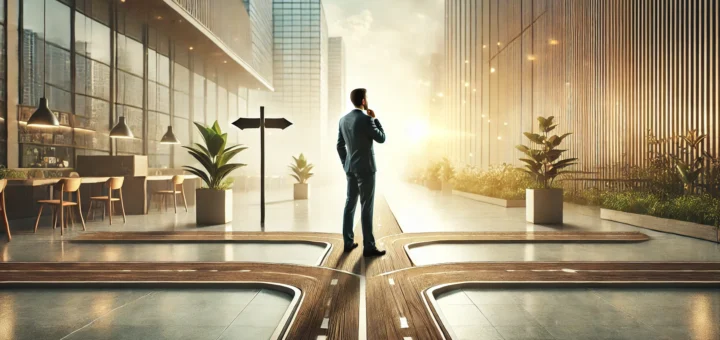 A professional and inspiring image of a person standing at a career crossroads, symbolizing transformation, new opportunities, and forward movement in their career journey.